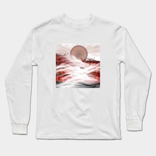 Sailing into the sunset, sunrise, sun, nature, landscape, ocean, boats, digital, summer, beach, sky, clouds, minimal, art, sea, travel, red Long Sleeve T-Shirt